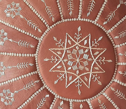 Stuffed Arch Design Moroccan Leather Pouf Ottoman, Handmade, Pre-Filled, 100% Genuine Leather, 14” Height x 22” Diameter – Boho Chic Footstool & Living Room Décor (Brown)