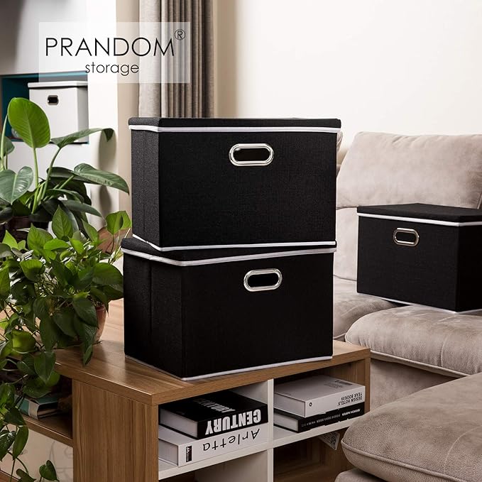 PRANDOM Large Foldable Storage Boxes with Lids [3-Pack] Fabric Collapsible Storage Bins Organizer Containers Baskets Cube with Cover for Home Bedroom Closet Office Nursery Black(17.7x11.8x11.8)