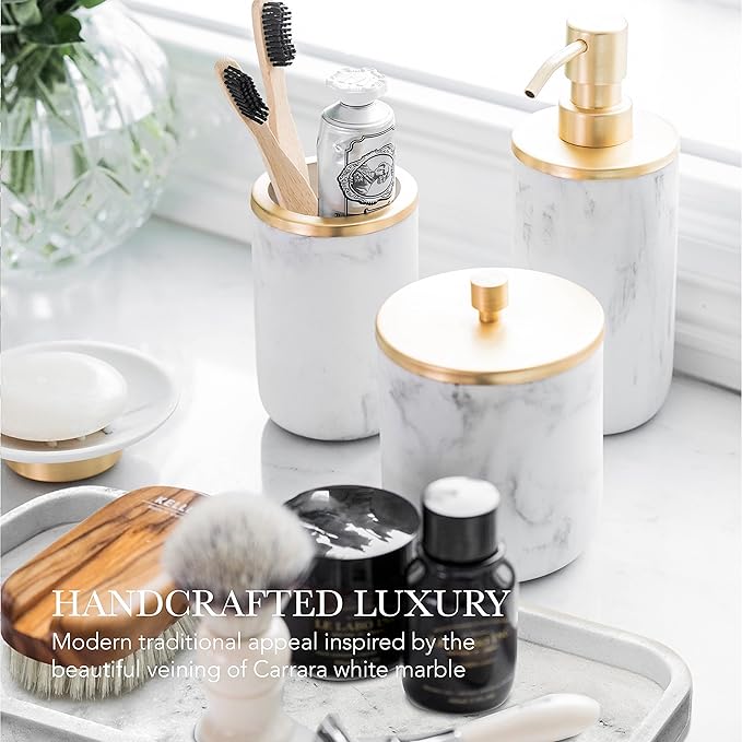 Bathroom Soap Dispenser Set - Bathroom Toothbrush Holder Set, Marble, Gold, Farmhouse Bathroom Decor, 5 Piece Bathroom Accessories Set