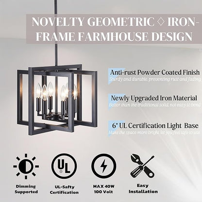 ANKYLHUA Black Chandelier,6-Lights Ceiling Light Fixture E12,Adjustable Hight Pendant Lights Kitchen Island,Chandeliers for Dining Room Bedroom,Entryway,Foyer