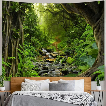 AMM Green Rainforest Tapestry Nature Forest Tapestry for Bedroom Aesthetic Misty Tropical Jungle Trees Flowing Stream Landscape Tapestries Wall Hanging for Living Room Dorm 90 x 68 Inch