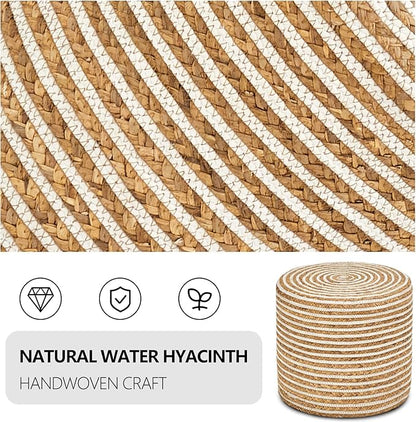 Wimarsbon 18'' Ottoman Pouf, Natural Braided Poof, Rustic Handweave Lounge Pouffe, Boho Footrest Stool for Bedroom, Accent Table or Seat for Living Room (Natural Water Hyacinth + White Cotton Rope)