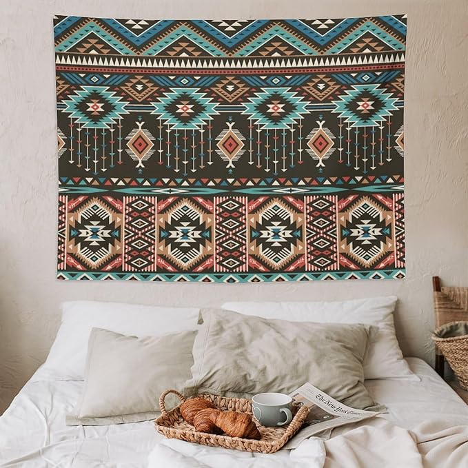 HZOHNAGO Aztec Tapestry Turquoise Blue and Brown and Native American Tribal Pattern Printed Wall Tapestry Wall Hanging for Bedroom Living Room Dorm 80" W x 60" H