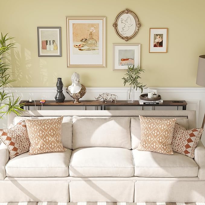 ELYKEN 2 Pack 5.9" Narrow Console Sofa Table with Power Outlets, 5.9" D x 39.4" W x 31.1" H Long Couch Table with Metal Frame and Charge Station with 6.5’ Extension Cord, Rustic Brown