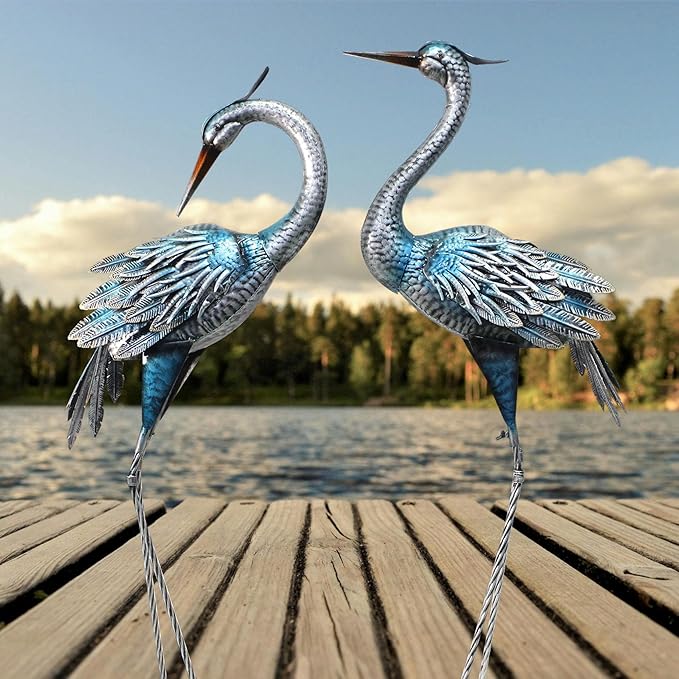 Crane Decor Statues, Blue Heron Garden Statues Metal Yard Art Outdoor Decoy, Garden Sculptures for Yard/Lawn/Pond/Outdoor Decoration, Set of 2
