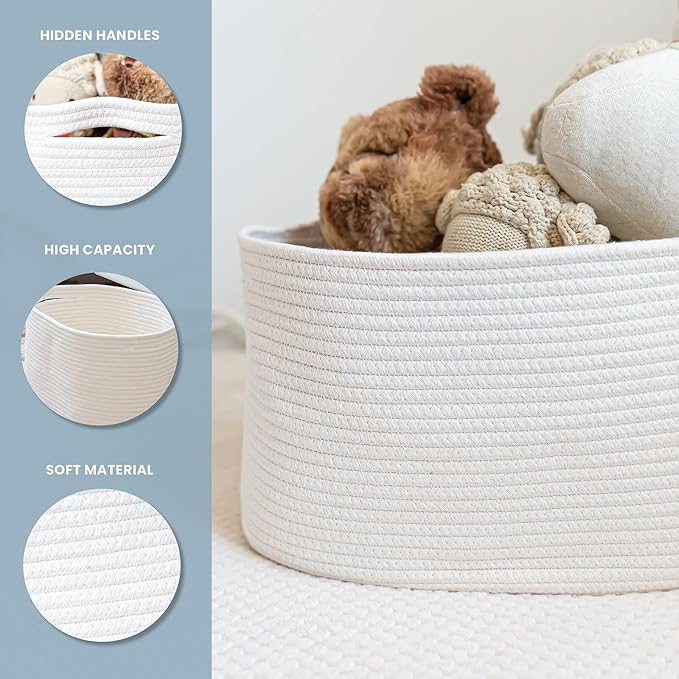 OrganiHaus Set of 3 Woven Storage Baskets for Organizing, Cotton Rope Organizer Bins for Shelves, Closet & Nursery, Dog Toy Basket, Decorative Bins for Toys, Towels & Books - 15x10x9, Off-White
