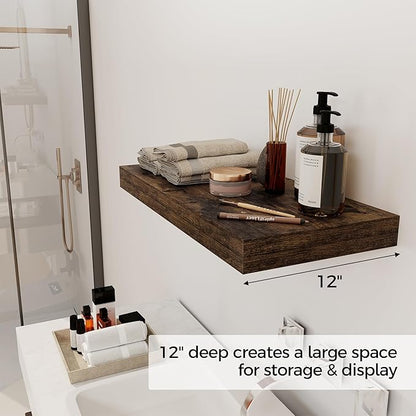 12 Inch Deep Floating Shelves, 24 x 12 Floating Shelf for Books, Rustic Wood Deep Wall Shelves for Home Storage & Display, 2" Thicked Shelves for Kitchen, Living Room, Bedroom, Rustic Brown, 2 Pack