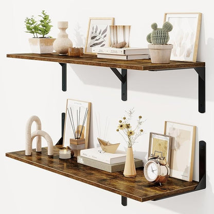 36 Inch Floating Shelves Wall Mounted, 12 Inch Deep Wall Shelves with Visible Brackets, Deep Bookshelf for Home, Rustic Bathroom Shelf, Deep Shelves for Plant, Books, Rustic Brown, Set of 2