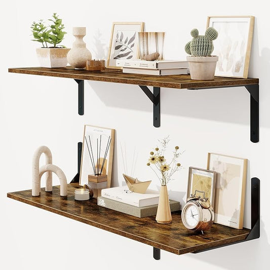 36 Inch Floating Shelves Wall Mounted, 12 Inch Deep Wall Shelves with Visible Brackets, Deep Bookshelf for Home, Rustic Bathroom Shelf, Deep Shelves for Plant, Books, Rustic Brown, Set of 2