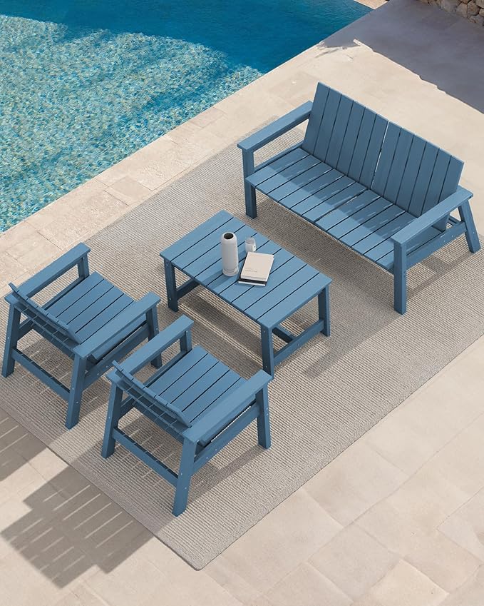 SERWALL Patio Coffee Table, HDPE Rectangle Outdoor Coffee Table Set of 2, Navy