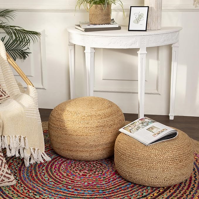 REDEARTH · Jute Circular Low Pouf Ottoman - Braided Pouffe Accent Sitting Round Footrest for Living Room, Bedroom, Nursery, kidsroom, Patio, Gym; 100% Jute (18"x18"x10"; Natural)