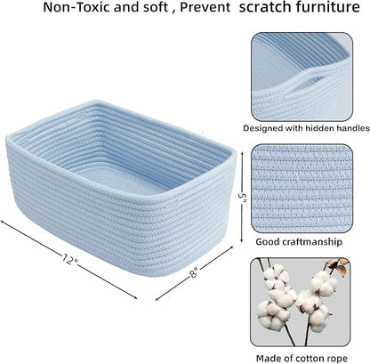 Small Woven Storage Baskets 12“X8”X5“ Decorative Rope Bins for Organizing Shelves, Closets, and Toys, Empty Gift Baskets, Cute Organizer Basket for Home and Office (blue, regular)