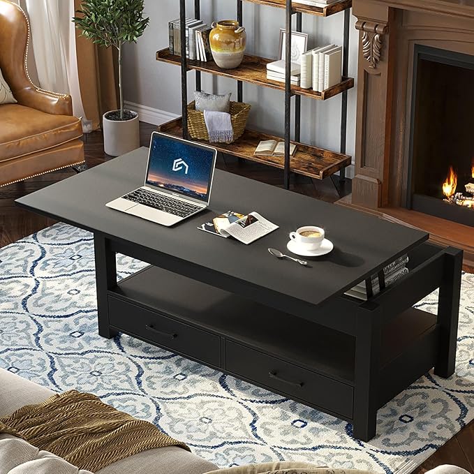 Rolanstar Coffee Table, 47.2" Lift Top Coffee Table with Drawers and Hidden Compartment, Retro Central Table with Wooden Lift Tabletop, for Living Room,Black