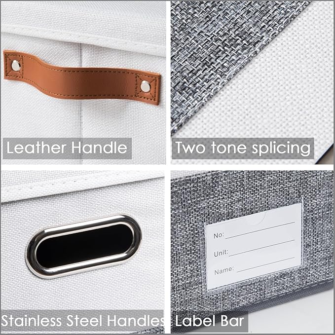 PRANDOM Foldable Storage Bins with Lids [3-Pack] Fabric Collapsible Storage Boxes Baskets Cubes Containers with Handles for Closet Living Room Bedroom (Grey & White 17.7x11.8x11.8'')