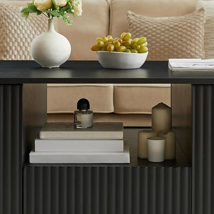 46.5" Oval Coffee Table with Drawers and Storage Mid Century Modern Fluted Solid Wood Side Coffee Tables, Luxury Tea Table Center Table for Living Rooms Offices Apartmen, Black