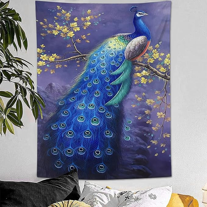 yowecso Peacock Tapestry Wall Hanging for Bedroom, Living Room - Purple Peacock Bird Tapestry - Aesthetic Wall Decor - 50"x60"