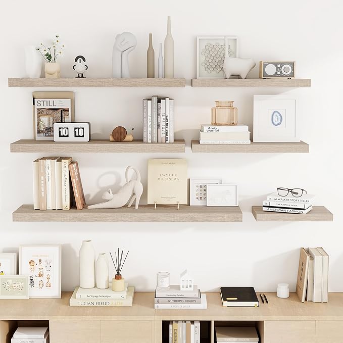 48 Inch Floating Shelves, 3D Textured Wood Grain, 48"x9.25"x1.5" Inch Deep Floating Shelves for Wall, Wooden Shelves for Bathroom, Bedroom, Living Room, Vintage White Oak