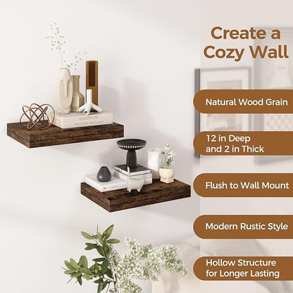 12 Inch Deep Floating Shelves, 16 x 12 Floating Shelf for Books, Rustic Wood Deep Wall Shelves for Home Storage & Display, 2" Thicked Shelves for Kitchen, Living Room, Bedroom, Rustic Brown, 2 Pack