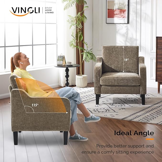 VINGLI Accent Chair for Living Room Chairs Light Brown Reading Chair for Bedroom Scooped Arm Chair Mid Century Modern Accent Chairs Upholstered Comfy Chair for Apartment, Waiting Room
