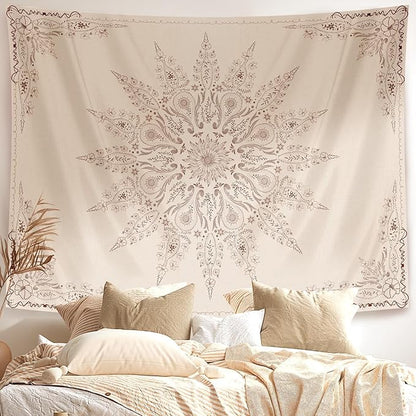 Damanse Floral Tapestry Wall Hanging Cute,Boho Wall Tapestry for Bedroom Aesthetic,Mandala Living Room Decor for Teen Girls (Flaxen, 70.9"x90.6")