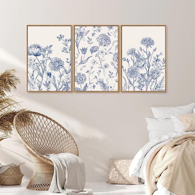 Tinonedraw Large Classic Chinoiserie Flower Framed Canvas Wall Art Set, Navy Blue and White Floral Wall Decor, Minimalist Neutral Botanical Art Printing for Living Room Bedroom Office Dorm 16"x24"x3