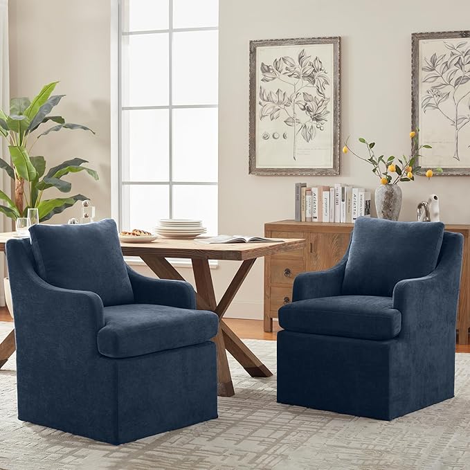 VKNOW Upholstered Dining Chairs Set of 2, Modern Kitchen Chairs Dinner Chairs with 4 Casters, Linen Armchair for Bedroom Reading Room Living Room, Navy