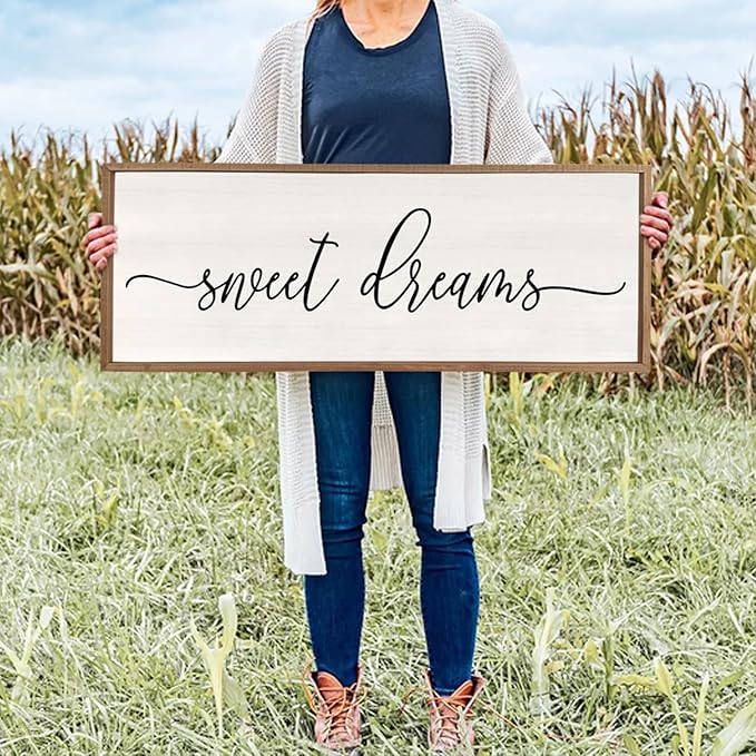 Sweet Dreams Wall Decor Above Bed 40''×15'' Master Bedroom Large Sweet Dreams Sign Farmhouse Wall Decor Guest Room Wood Rustic Framed Over Bed Wall Art Hanging Decoration (Wood White)