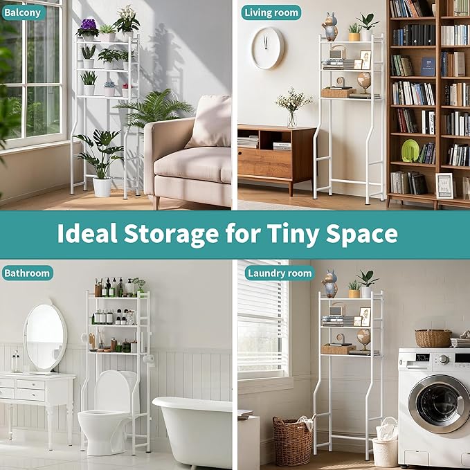 3-Tier Over The Toilet Storage with Paper Holder, Metal Bathroom Organizers and Storage for Small Space, Freestanding Bathroom Shelves with 4 Hooks, Above The Toilet Storage Shelf, White