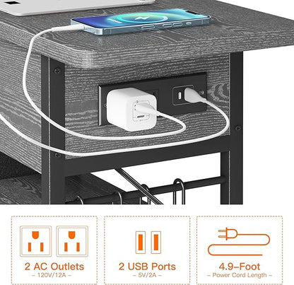 End Table with Charging Station, Flip Top Nightstand with USB Ports and Outlets,Couch Side Table with Fabric Bag and Hooks, Bedside Table for Space Saving, Living Room, Bedroom (Grey)