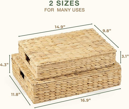 Set of 2 Wicker Baskets with Lid for Organizing - Decorative Storage Boxes With Lids for Home Decor, Shelves - Organic Modern Home Decor - Remote Box - Coffee Table Basket