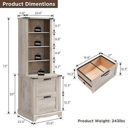 RedLemon Bookcase with 2 File Drawers, 72" Tall Farmhouse Bookshelf with Storage and Adjustable Shelves, 4 Tier Rustic Wood Bookshelf with Cabinet for Home Office, Living Room (Light Rustic Oak)