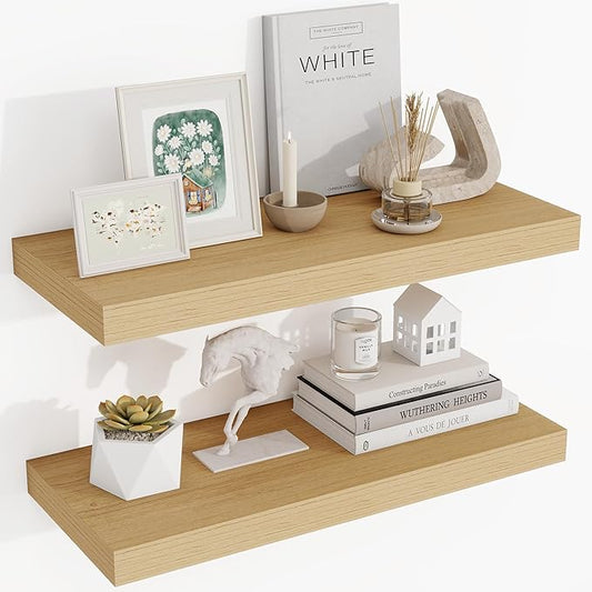 24 Inch Floating Shelves, 3D Textured Wood Grain, 24"x9.25"x1.5" Inch Deep Floating Shelves for Wall, Wooden Shelves for Bathroom, Bedroom, Living Room, Natural, 2 Pieces