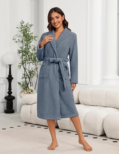 Ekouaer Women's Robe Plush Soft Long Bathrobe Cozy Warm Shawl Collar Spa Robe with Pockets