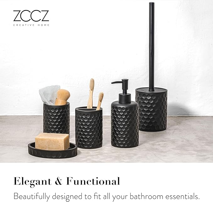 ZCCZ Bathroom Accessories Set 5 Pcs - Soap Dispenser, Toilet Brush, Toothbrush Holder, Tumbler, Soap Dish - Vintage Decor for Countertop Vanity Organizer, Black Bathroom Accessory Collection
