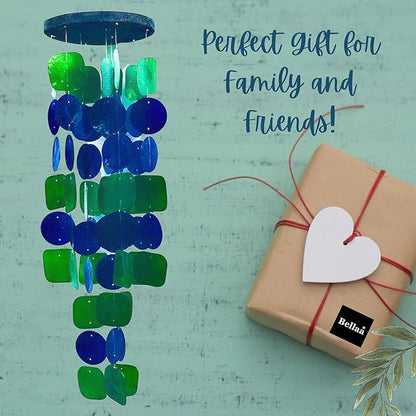 Bellaa 24858 Wind Chimes Outdoor, Garden Decorations, Musical, Indoor/Outside Windchimes, Beach, Ocean Breeze, Gifts for Mom, Gift for All Occasions, Capiz Sea Glass Shells Wood 27 inch Green Blue
