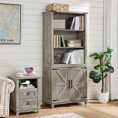 70in Tall Bookshelf 5 Tier Bookcase with Barn Doors and Adjustable Shelves, Grey Farmhouse Book Shelf with Storage Cabinet, Wood Freestanding Display Bookshelves for Bedroom, Living Room