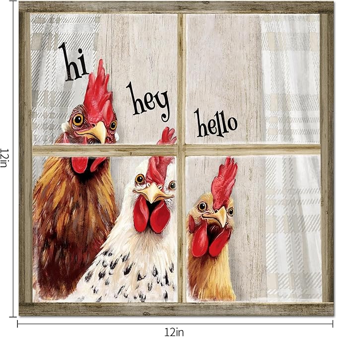 Visual Art Decor Funny Rooster Wall Art Chicken Picture Rustic Farmhouse Front Door Welcome Sign Framed 12x12 inch, Rustic Brown