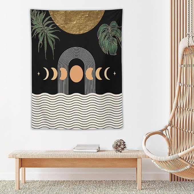 Abstract Boho Tapestry, Mid Century Tropical Tree Leaves Modern Geometric Arch Bohemian Botanical Tapestry, Home Aesthetic Wall Hanging Art Decor for Living Room Bedroom Dormitory 60x60 Inch