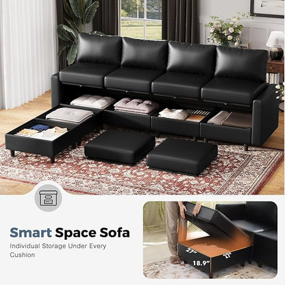 ABCASA 118.5" Faux Leather Modular Sectional Sofa, 7 Seater U Shaped Couch with Storage Seat with Reversible Chaise Deep Seat for Living Room Black