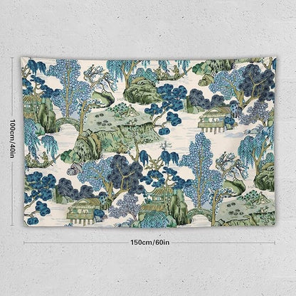 Chinoiserie Tapestry,Asian Watercolor Abstract Art Tapestry,Asian Japanese Wall Tapestry, Nature Landscape Tapestries for Bedroom Living Room Decor 60"x40"