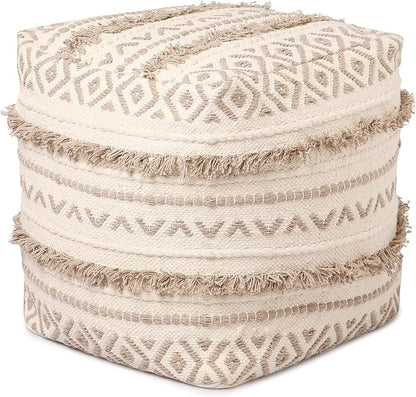REDEARTH · Tufted Pouf Ottoman with Filler Textured Storage Cube Bean Bag Pouffe Footrest for Living Room, Bedroom, Nursery, Kidsroom; 100% Cotton (17.5"X17.5"X17.5", Geometric Craft Taupe)