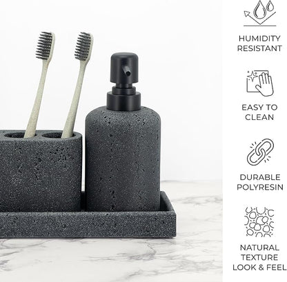 ZCCZ - Black Bathroom Accessories Set 4 Pcs - Toothbrush Holder, Soap Dispenser, Vanity Tray, Bathroom Tumbler - Countertop Vanity Organizer - Bathroom Accessory Set- Toothbrush Holder Set, Stone Sets