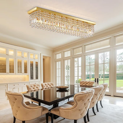 10 Lights Gold Flush Mount Rectangle Chandelier, Modern K9 Crystal Chandeliers Light Fixture Rectangular Raindrop Chandelier Pendant Island Light for Living Dining Room Kitchen Bar L47 Inch