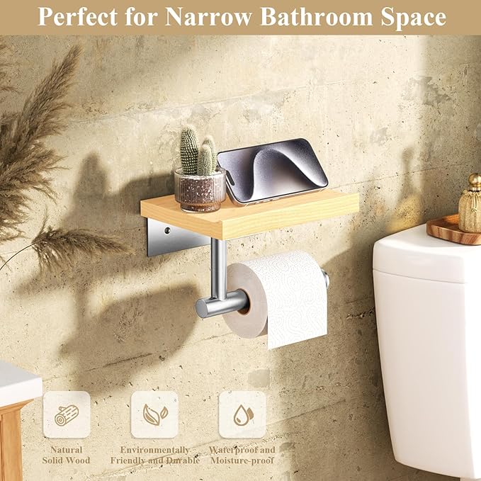 Tindbea Toilet Paper Holder with Wood Shelf, Wooden Wall Mount Tissue Paper Roll Holder, Brushed Nickel Stainless Steel Bathroom Accessories Decor for Home (Maple, Brushed Nickel)
