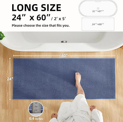Bathroom Runner Rug, Long Bath Mat Washable Thin Quick Dry Low Pile Bathroom Runner Rugs 24 x 60 Non Slip, Denim Blue 24"x60"
