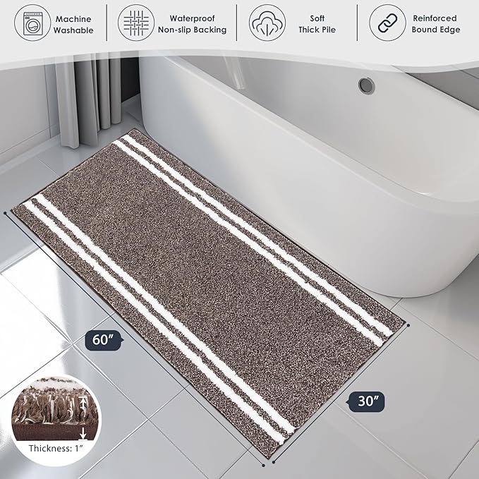 PURRUGS Bathroom Rug Non-Slip Machine Washable 30" x 60", Super Absorbent and Quick Dry Shaggy Microfiber Bath Mat, Extra Soft and Plush Bath Rug for Bathtub, Shower and Sink, Brown