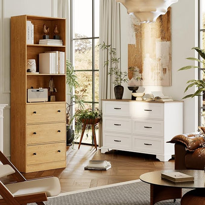 71" Tall Bookshelf with Storage, Bookcase with Drawers, Farmhouse Wooden Corner Book Shelves, Mid Century Modern Book Shelf Wall Standing Home Decor Furniture for Living Room, Bedroom, Office, Kitchen