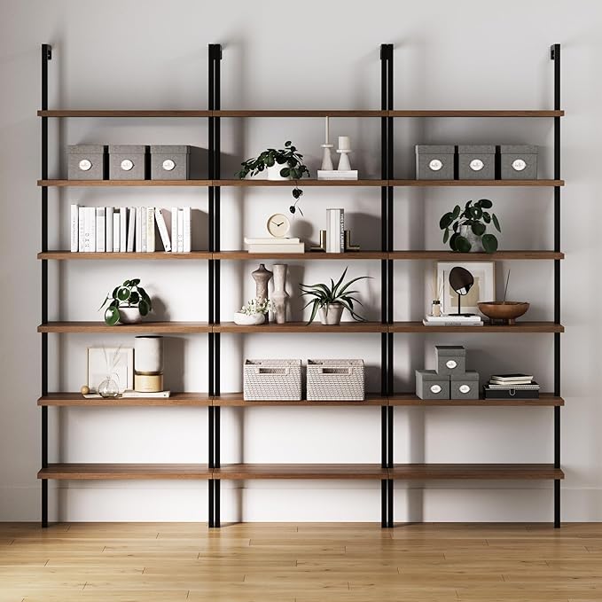 Nathan James Theo 6-Shelf Tall Bookcase, Wall Mount Bookshelf with Reclaimed Oak Wood and Industrial Metal Frame, Reclaimed Oak/Matte Black, Set of 3