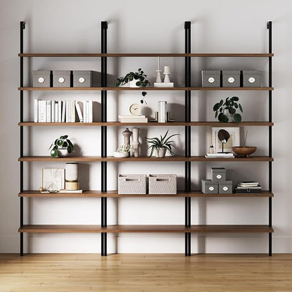 Nathan James Theo 6-Shelf Tall Bookcase, Wall Mount Bookshelf with Reclaimed Oak Wood and Industrial Metal Frame, Reclaimed Oak/Matte Black, Set of 3
