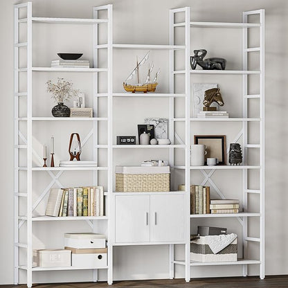 70x78 “ Triple 6 Tier Book Shelf, Industrial Large Bookcase with Storage Cabinet, Tall Bookshelf with 16 Open Display Shelves Metal Frame Furniture for Living Room Bedroom Home Office White